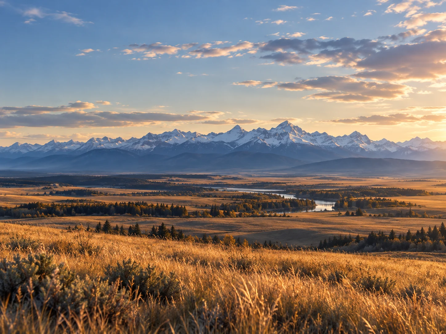 A mountain range beyond prairie fields in evening light, inspired by Alberta.